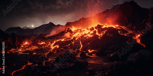 Active volcano eruption at night, lava bursting from the crater, dramatic