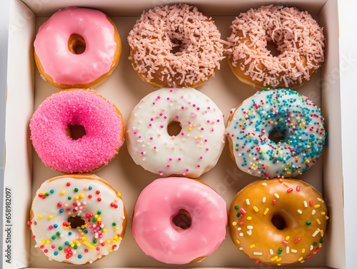 Assorted donuts, colorful glazes and sprinkles, arranged in a white bakery box, overhead shot