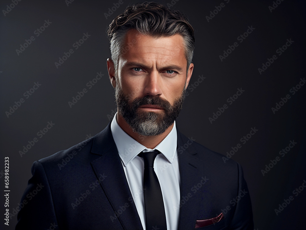 corporate executive's well - groomed, short beard. Close - up shot, studio lighting, against a white minimalist office backdrop corporate executive's well - groomed, short beard. Close - up shot, studio lighting, against a white minimalist office backdrop