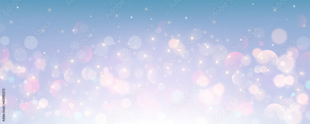 Pastel winter sky with bokeh. Blue light color gradient. Fantasy soft blurred wallpaper. Vector Christmas landscape. - obrazy, fototapety, plakaty 