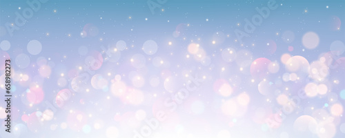 Pastel winter sky with bokeh. Blue light color gradient. Fantasy soft blurred wallpaper. Vector Christmas landscape.