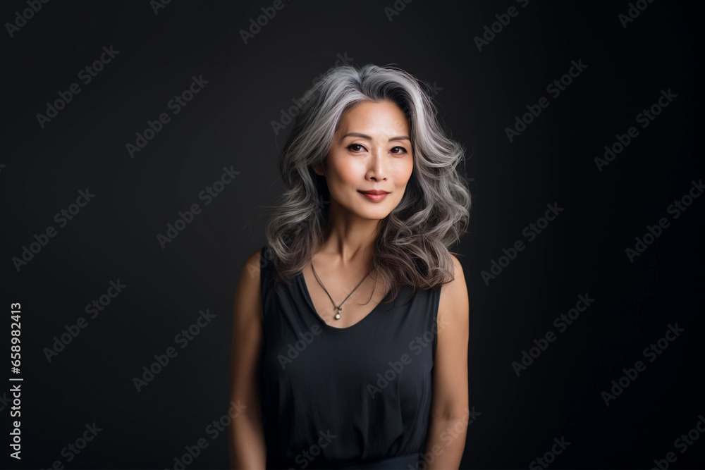 Portrait of asian lady, senior woman with grey hair smiling and looking at camera, standing over grey background. Portrait of asian lady, senior woman with grey hair smiling and looking at camera, standing over grey background.
