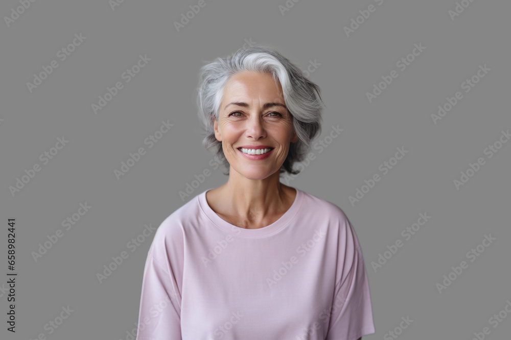Close up portrait of beautiful older woman smiling and standing by grey wall. Close up portrait of beautiful older woman smiling and standing by grey wall.