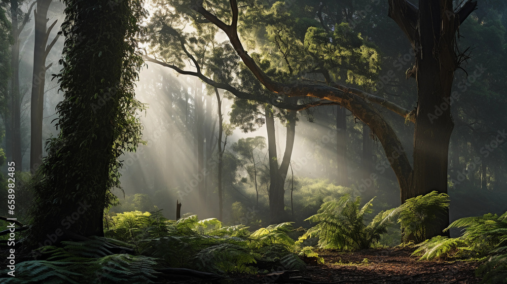 Obraz premium a dense, misty forest at dawn, sunbeams breaking through the canopy, dappled light on the forest floor, ferns and ancient oaks, moisture in the air, wildlife in the background