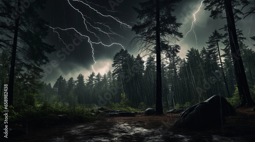 forest hit by a storm, torrents of rain, glistening wet leaves, dynamic motion of trees swaying, dramatic sky with lightning