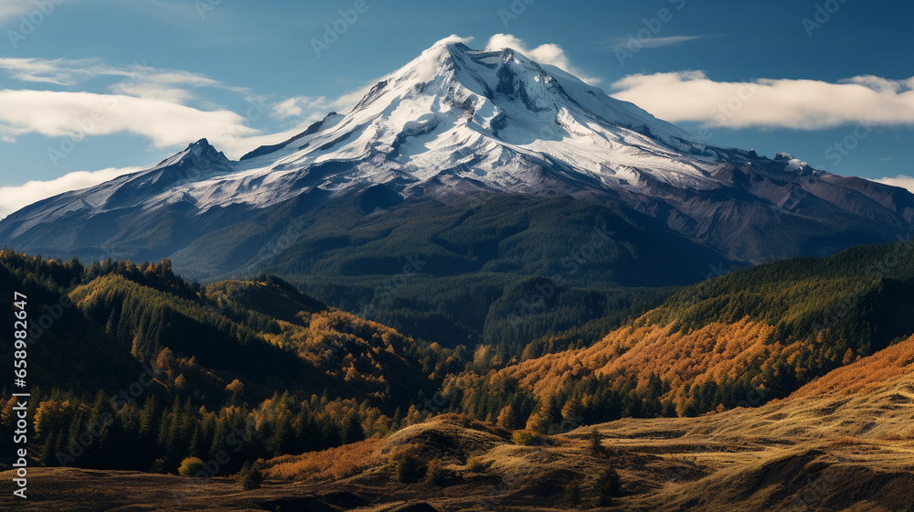 Sweeping landscape of a dormant volcano range, snow - capped peaks, surrounded by a forest