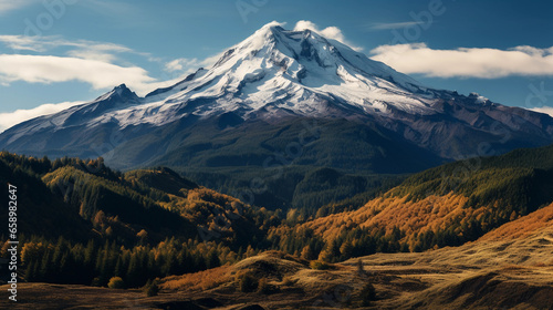 Sweeping landscape of a dormant volcano range, snow - capped peaks, surrounded by a forest