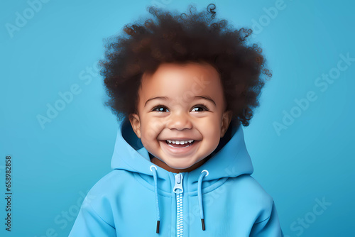 Joyful Black Baby in Blue Outfit on Blue Background