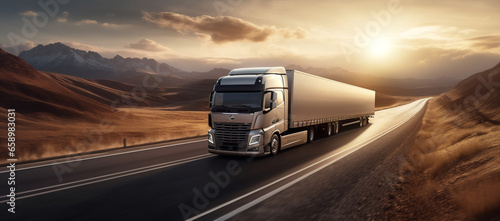 Road export cargo highway vehicle transportation freight sunset trailer car truck