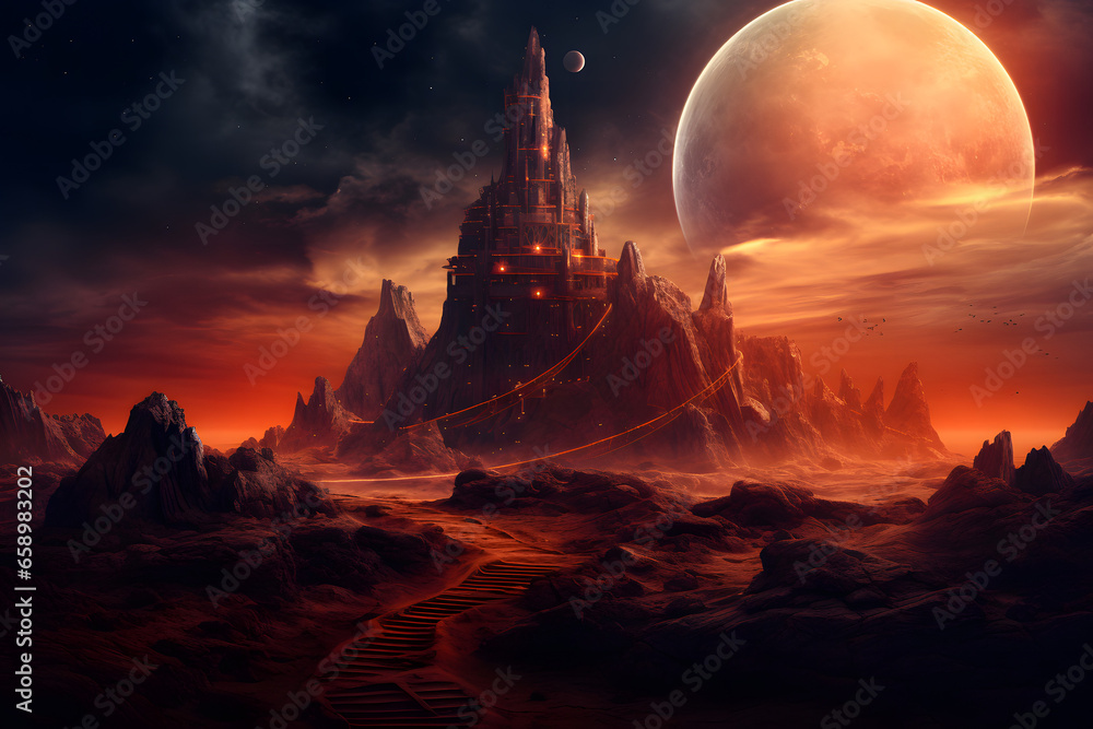  Fantastical Castle on Rocky Outcropping with Red Sky - obrazy, fototapety, plakaty 