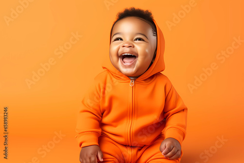 Delightful Black Baby in Orange Outfit on Orange Background