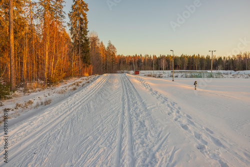 Beautiful view of ski stadium in forest with classic ski track at sunset on frosty winter evening. Sweden.