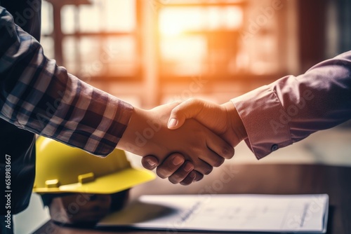 Close up of engineer or architect shaking hands to seal a deal with his partner.