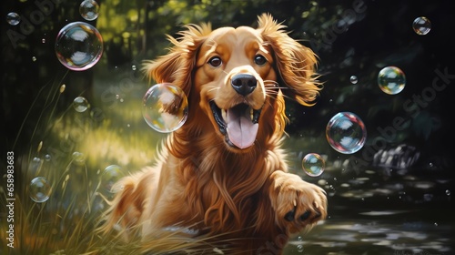 Dog catching soap bubbles © cherezoff