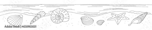 Seashells on the beach graphic black white long landscape sketch illustration vector