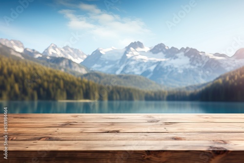 Wooden table in the front of picture with beautiful autumn scenery on Lake