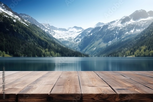 Wooden table in the front of picture with beautiful autumn scenery on Lake