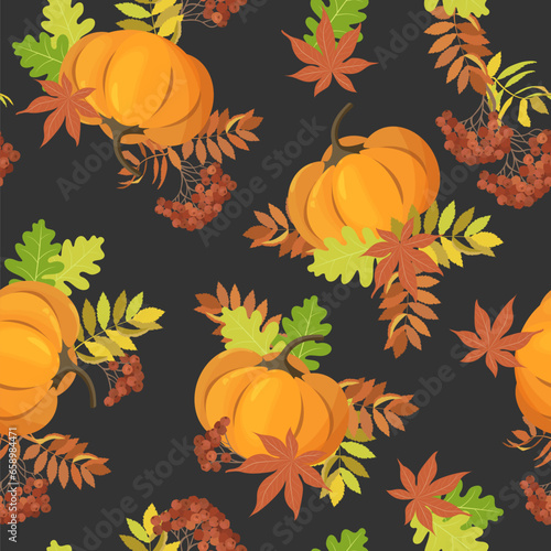 Autumn, seamless vector illustration. Rowan branches, pumpkin and maple leaves on a black background.