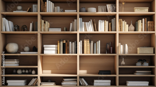 An open bookcase with shelves made of light-colored wood