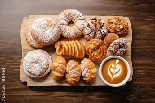 An inviting flat lay featuring an assortment of delicious pastries, displayed beautifully on a cozy café table, offering a perfect blend of culinary delight and aesthetic charm.
