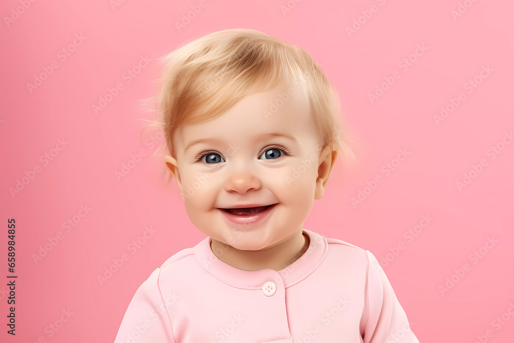 Joyful Blond Baby in Pink Outfit on Pink Background Joyful Blond Baby in Pink Outfit on Pink Background