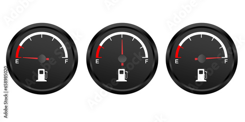 Set of Fuel gauge. low middle and a full tank. Round black car dashboard 3d. Fuel Indicator and Sensor. Vector illustration isolated on white background.