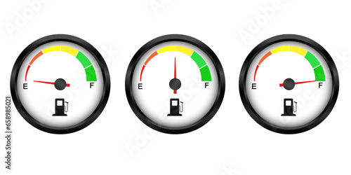 Set of Fuel gauge. low middle and a full tank. Round white car dashboard 3d. Fuel Indicator and Sensor. Vector illustration isolated on white background.