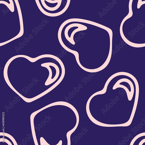 Hand Drawn Seamless Patterns with Hearts in Doodle Style. Romantic Love Digital Paper for Valentines Day. Pale Pink Hearts on Dark Blue Background.