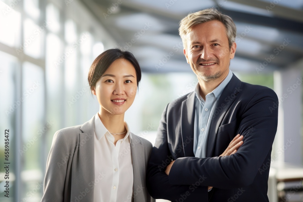 two happy professional business people team asian woman and european man standing in the office two happy professional business people team asian woman and european man standing in the office