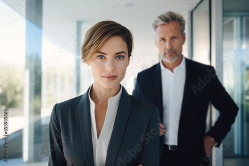 confident businesswoman standing at office in front of businessman