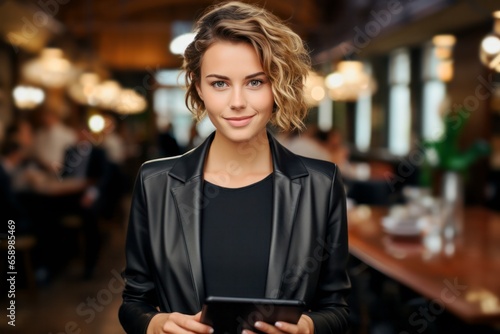 portrait of a woman holding a tablet in a cafe