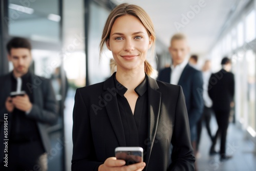 business woman standing with her team and holding a smartphone in the office
