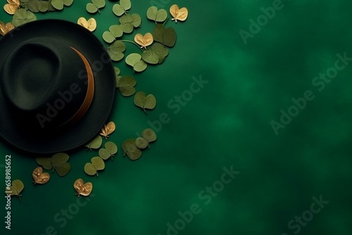 Saint Patrick's Day flat lay concept with green hat, gold coins, and clover leaves on a green background. Irish holiday template. Generative AI