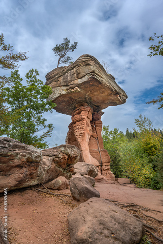 Sandstone formation Devil‘s table near Hinterweidenthal in the Palatinate Forest. Wasgau, Rhineland-Palatinate, Germany, Europe