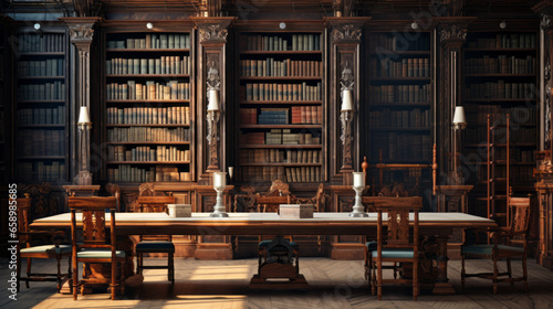 An old-fashioned library with a few tables and chairs and bookshelves lining the walls