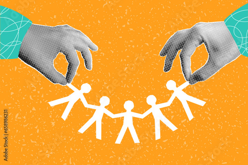 Halftone collage banner, hands holding a paper garland in the shape of men. Bright retro colors, friendship concept, children's games.
