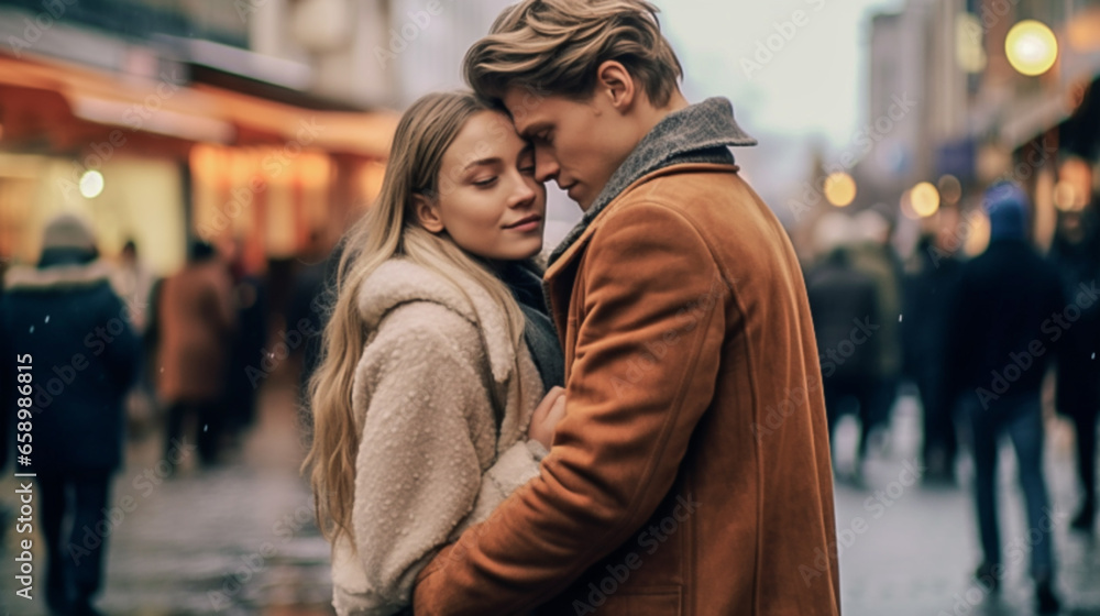 Young adult couple, embracing in the middle of the street, with bokeh lights in the background. Concept of love. Winter weather. Young adult couple, embracing in the middle of the street, with bokeh lights in the background. Concept of love. Winter weather.