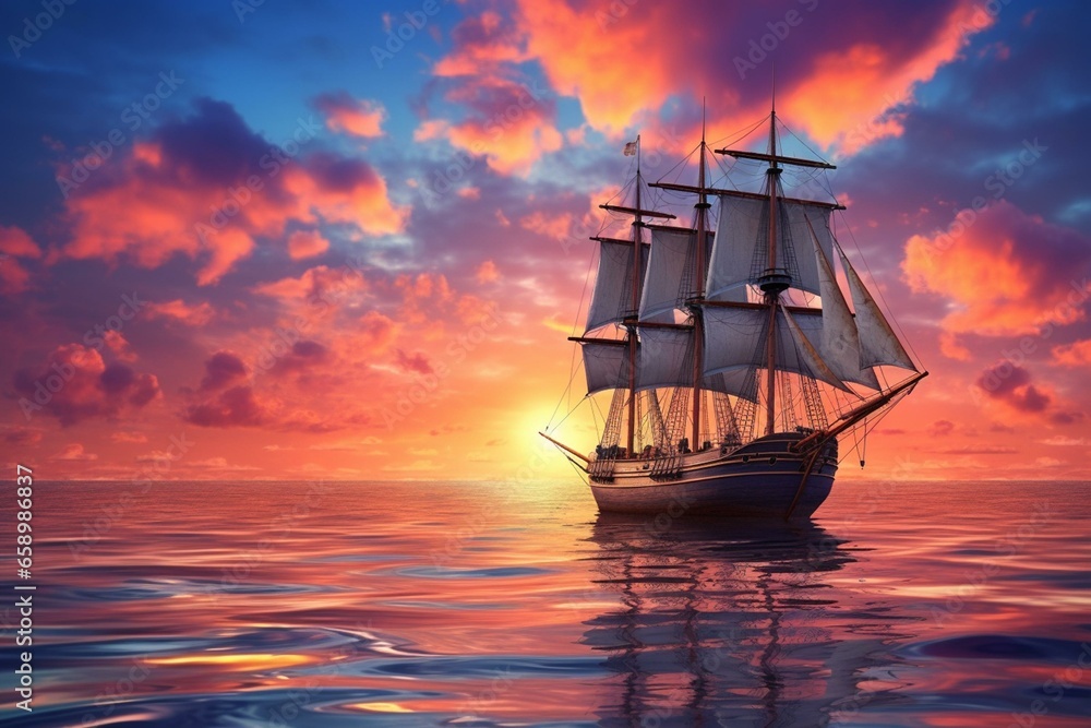 Stunning sunset and sailboat over sea with colorful clouds. Serene and beautiful. 3D render. Generative AI
