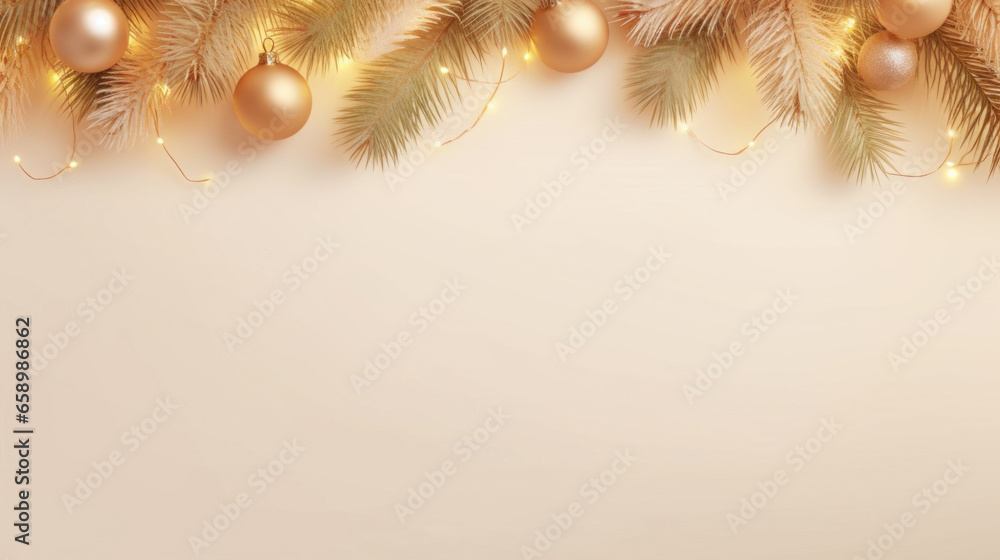 Soft Christmas lights from a garland with Christmas tree branches on a beige background - obrazy, fototapety, plakaty 