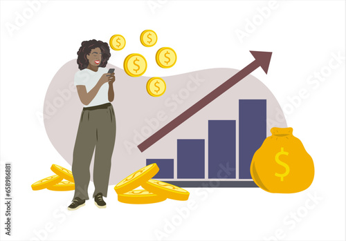 Woman investing in the stock marked. Saving money earning income and cashflow by dividends. Financial independancy retire early. Black woman financial independant. The snowball effect. photo