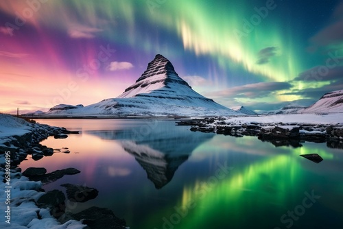 Aurora borealis dancing over Kirkjufell mountains in winter. Generative AI