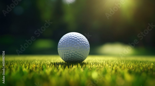 Close-up of a golf ball on the grass.
