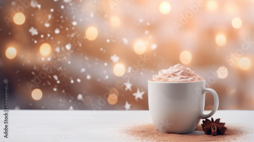 Winter background with a cup of hot cappuccino and Christmas bokeh.