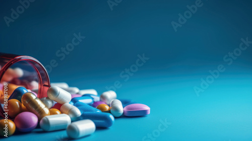 Tablets and capsules are scattered on a blue background
