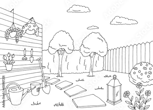 Work in garden yard graphic black white landscape sketch illustration vector 