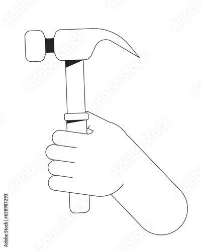 Hammer holding cartoon human hand outline illustration. Handyman work tool 2D isolated black and white vector image. Manual work. Do-it-yourself. Home improvement flat monochromatic drawing clip art