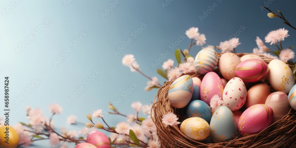 Multi-colored Easter eggs in a nest.
