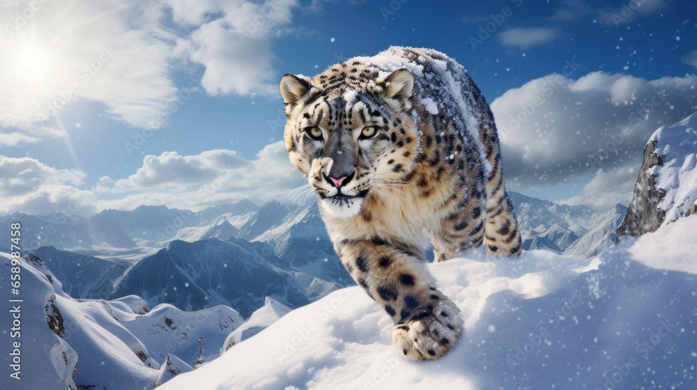 A snow leopard on top of a mountain. - obrazy, fototapety, plakaty 