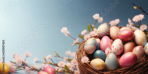 Multi-colored Easter eggs in a nest.