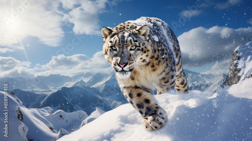 A snow leopard on top of a mountain.